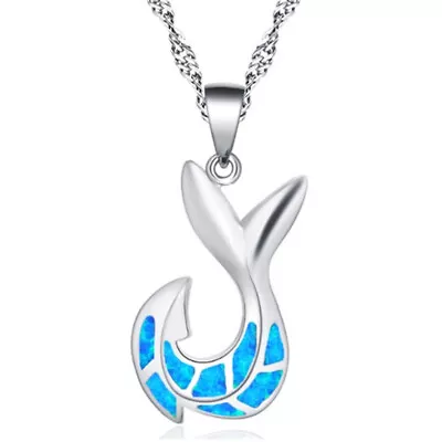 Fashion Silver Simulated Opal Blue Fish Tail Pendant Necklace Birthday Jewelry • $0.04