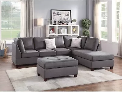 3Pcs Grey Microfiber Reversible Sectional Sofa Chaise Ottoman Set With 2 Pillows • $1289