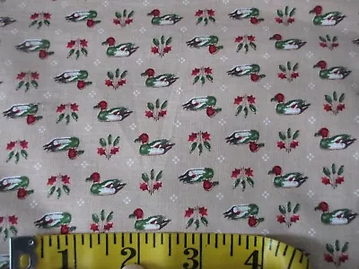 1 Yd New Cotton Fabric Red Green Tiny Ducks Mallards Tan Older? VIP Cranston • $7