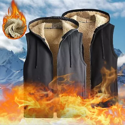 Men's Winter Fleece Casual Vest Zipper Hooded Lamb Velvet Jacket With Pockets • $32.98