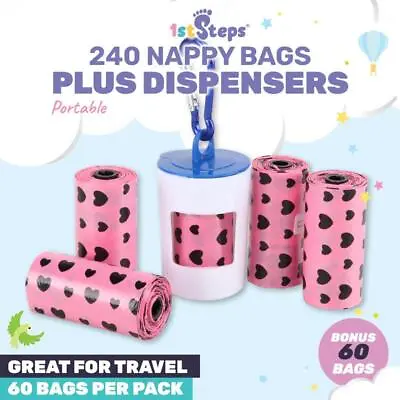 Nappy Bag Dispenser With Carabiner Hook 5pc Includes: 60 Non-Scented Bags (4xRol • $28