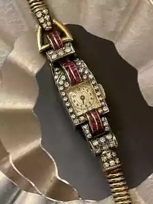 Amazing Retro Diamond And Ruby 10K Rose Gold Watch With Snake Chain Bracelet • $1785