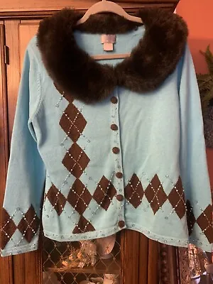 VINTAGE Berek Turquoise Beaded Sweater Faux Fur Argyle M Medium • $29.99