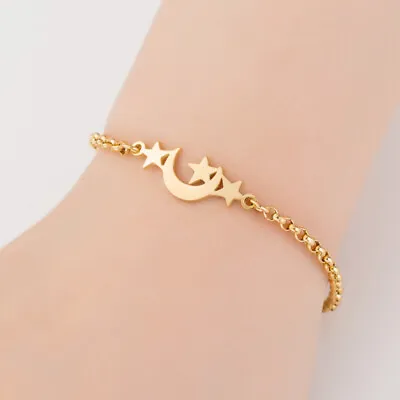 Titanium Gold Love Crescent Moon Stars Charm Bangle Bracelet • $9.99