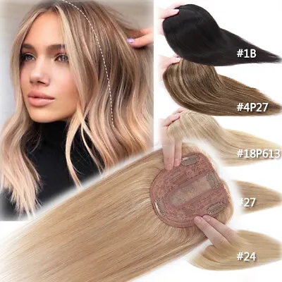 Seamless Topper Top Piece Real Remy Human Hair Silk/Mono Base Toupee Wig Wefts F • $55.87