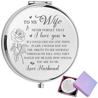 To My Wife Travel Pocket Cosmetic Engraved Compact Makeup Mirror With Gift Bo... • $21.35