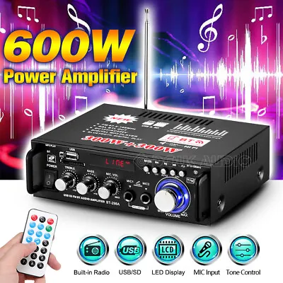 600W Bluetooth 5.0 Power Amplifier Stereo Home Car Audio Amp USB SD MIC Player • $36.99