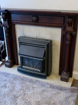 Mahogany Fire Surround With Cream Marble Surround Hearth And Gas Fire • £250