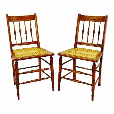 Vintage Hand Caned Oak Spindle Back Side Chairs - A Pair • $395