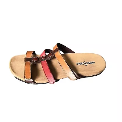 Minnetonka Leather Slides Sz 9 Adjustable Straps Beaded Slip On Sandals 70807 • $24