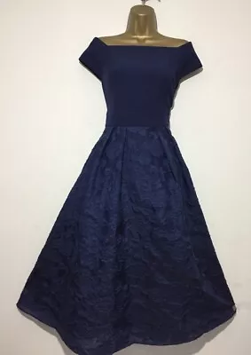 Gorgeous Coast Navy Jacquard Fit & Flare Occasion Midi Dress Size 22/20 • £65