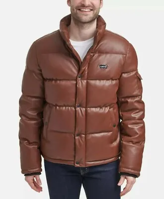 Levi's Bubble Puffer Coat Jacket Faux Leather Saddle Brown Small LM1RU088 Quilt • $79