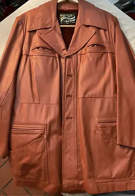 Montgomery Ward Jacket Men 48t Orange Brown Leather Coat Zip Lining VINTAGE • $29.99