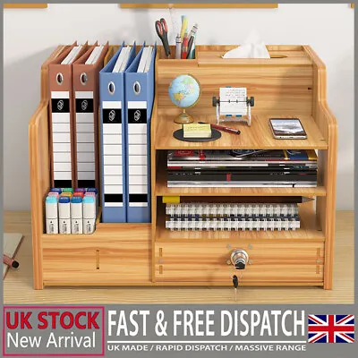 Wooden Office Desk Organiser Stationary Storage Home Tidy Storage Tabletop Stand • £18.89