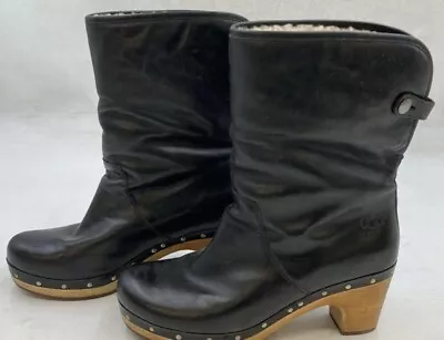 UGG Women's 8 Black Leather Pull On Foldable Heel Clog Boots Shoes S/N 1958 • $49.95
