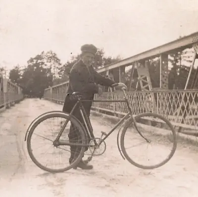 Man On Bridge With Old Bike Bicycle Postcard Real Photo RPPC Candid C. 1904-1918 • $10.26