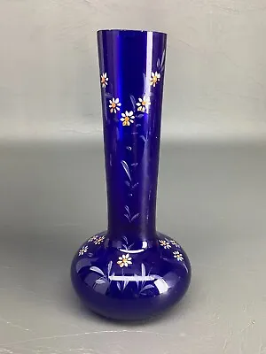 Antique Bristol Blue Glass Vase With Hand Enameled Decoration • $21