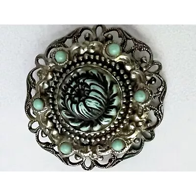 Vintage Antiqued-silver Tone Doily Layered Aqua Colored Moroccan Bead Brooch • $27