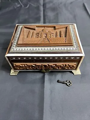 Vintage Wood Carved Taj Mahal India Mosaic Trinket Jewelry Hinged Box W/ Key • $24.95