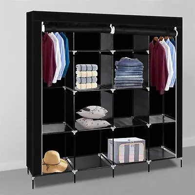 Large Canvas Fabric Wardrobe Portable Clothes Closet Storage Organizer Dustproof • £15.99