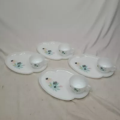 Mid Century Modern Atomic Flower Federal Milk Glass Tea Cup Snack Plate Set Of 4 • $47.99