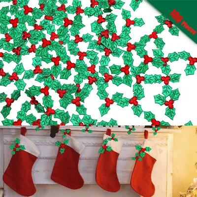 100pcs Mini Triple Leaf Holly Berries For Holiday Christmas Wreath Arrangement • £2.92