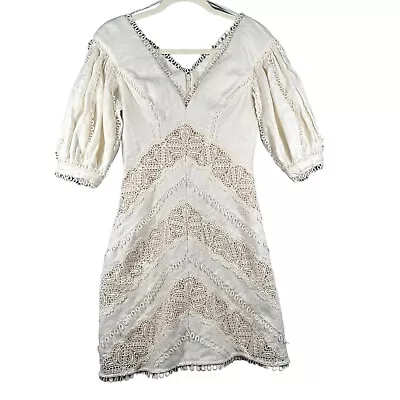 Zimmermann Painted Heart Chevron Dress Beige Sz 1 Textured Linen Lace Trimmed • £205.17