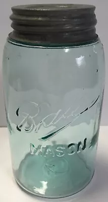 Vintage 1900-1910 Ball Mason Teal Quart Jar 3L Drop A X Base Aqua Ball Zinc Lid • $9.79