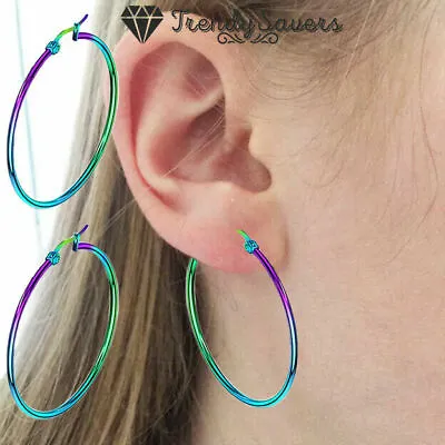 Simple Thin Hoop Earrings Rainbow Stainless Steel Round Lightweight For Women  • £2.99