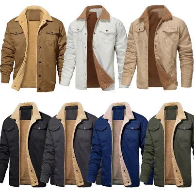 Mens Fleece Lined Cargo Jacket Coat Trucker Sherpa Fur Collar Lapel Outwear Tops • £32.52