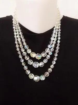 £14 • Buy Vintage Faceted Glass Crystal Necklace Triple Strand Aurora Borealis