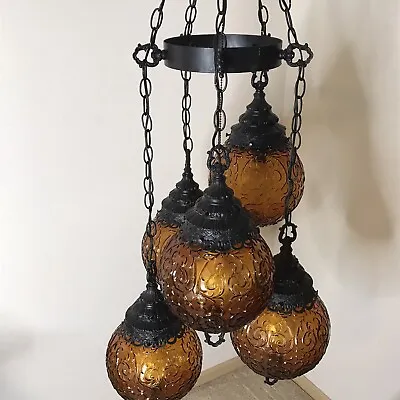 VTG 5 Amber Glass Globe Swag Light Chandelier Mid Century Retro Gothic Spanish • $850