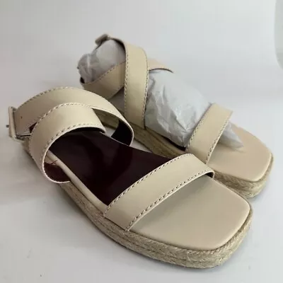 Staud Womens Lara Espadrilles Sandals Beige Cream Leather Low Heel Buckle 8 New • $16