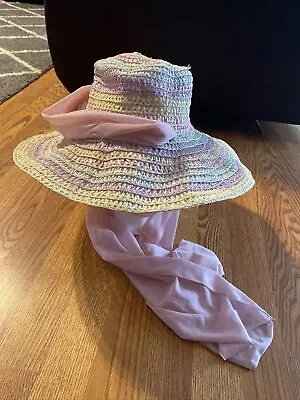 VINTAGE Gorgeous Straw Pastel Hat Easter Gardening Sun Tanning Hat W Pink Sheer • $9.99