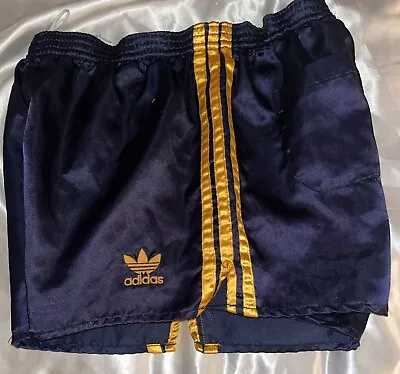 🔥 Adidas Blue Gold Beckenbauer Running Soccer Shorts Lg D7 Nylon Vintage Glanz • $15.50