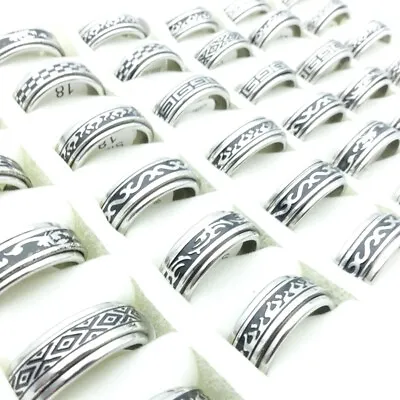 30 Fashion Stainless Steel Rings Black Etched Patterns Spinner Wholesale Jewelry • $17.99