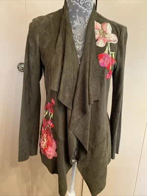 $42 • Buy V Cristina Olive Green Faux Suede Embroidered Open Jacket - S - NWOT