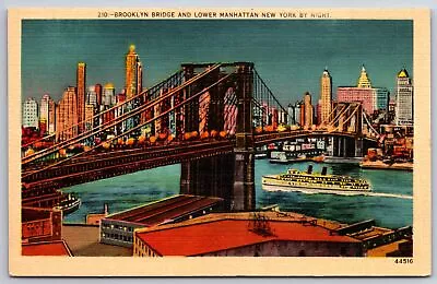 New York City~Brooklyn Bridge & Lower Manhattan By Night~Vintage Linen Postcard • $3.70