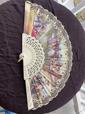 Hand Held Folding Fan Victorian Scene Lace Trim. Vintage. • $33