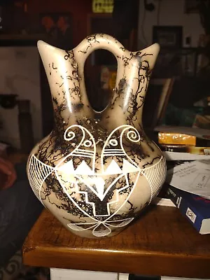 Native American Pottery Navajo Indian Horsehair Wedding Vase Hand Etched Signed • £71.24