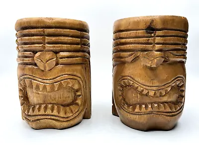 PAIR Vintage TIKI BAR Mugs WOOD Hawaiian MID-CENTURY Mod MCM Cup BARWARE Tribal • $22.50
