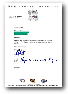 Robert Kraft Signed Patriots Letter John Hannah NFL Related To Game Used Worn • $750