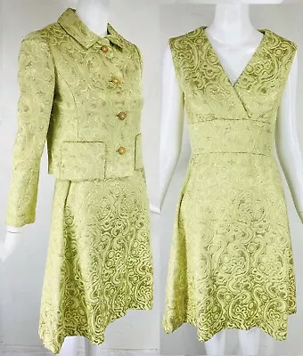 Vintage Elinor Simmons For Malcolm Starr Gold Lime Brocade Dress Jacket Set S • $199