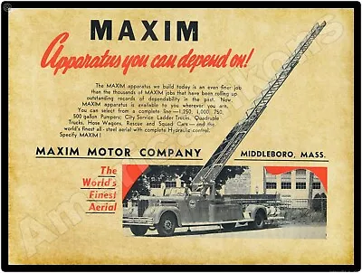 1949 Maxim Motor Co. New Metal Sign: Aerial Ladder Fire Truck Milton Fire Dept. • $19.88