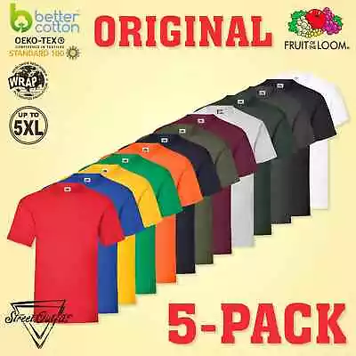 5 Pack Mens Plain T-Shirts Fruit Of The Loom 100% Cotton Blank Crew Neck Top Tee • £12.99