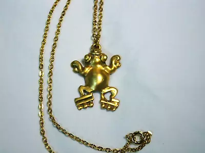 ...Vintage ALVA STUDIOS...Gold Tone Ancient Design Frog Pendant Necklace... • $29.97