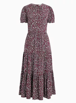 NWT J.Crew Factory Purple Wine Floral Puff Sleeve Tiered Midi Dress Size S AR984 • $24.99