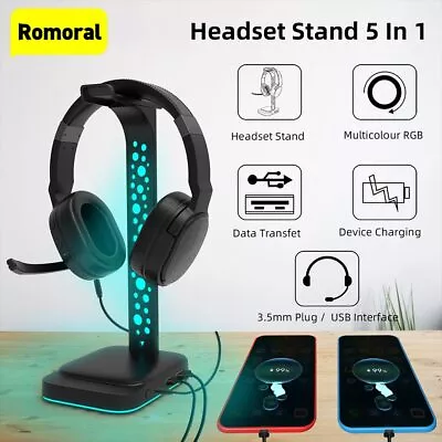 $36.99 • Buy RGB Gaming Headphone Stand Headset Hanger Holder Rack Desktop 2 USB Charging