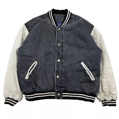 Vintage Quilted Jean Faded Black Denim Varsity Jacket Snaps Y2K Distressed • $34.99
