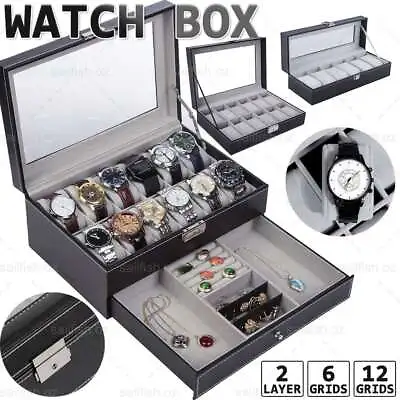6/12 Grids Watch Holder Box Carbon Storage Case Jewelry Display Organizer Gift • $17.99